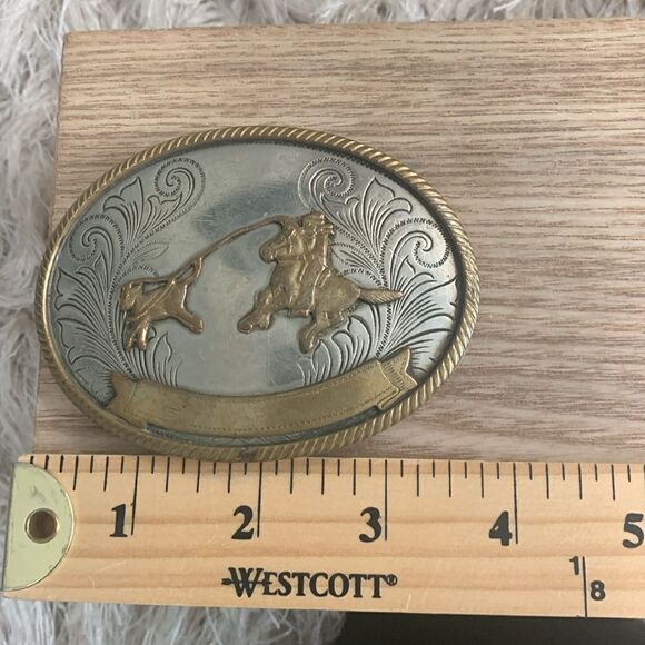 Vintage German Silver Cowboy Roping Calf Oval Belt Buckle - Picture 15 of 17